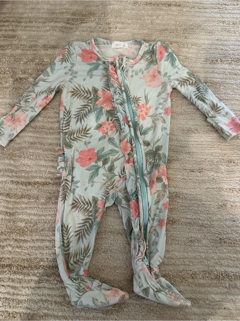 Angel Dear Mint and Pink Floral Footed One-Piece